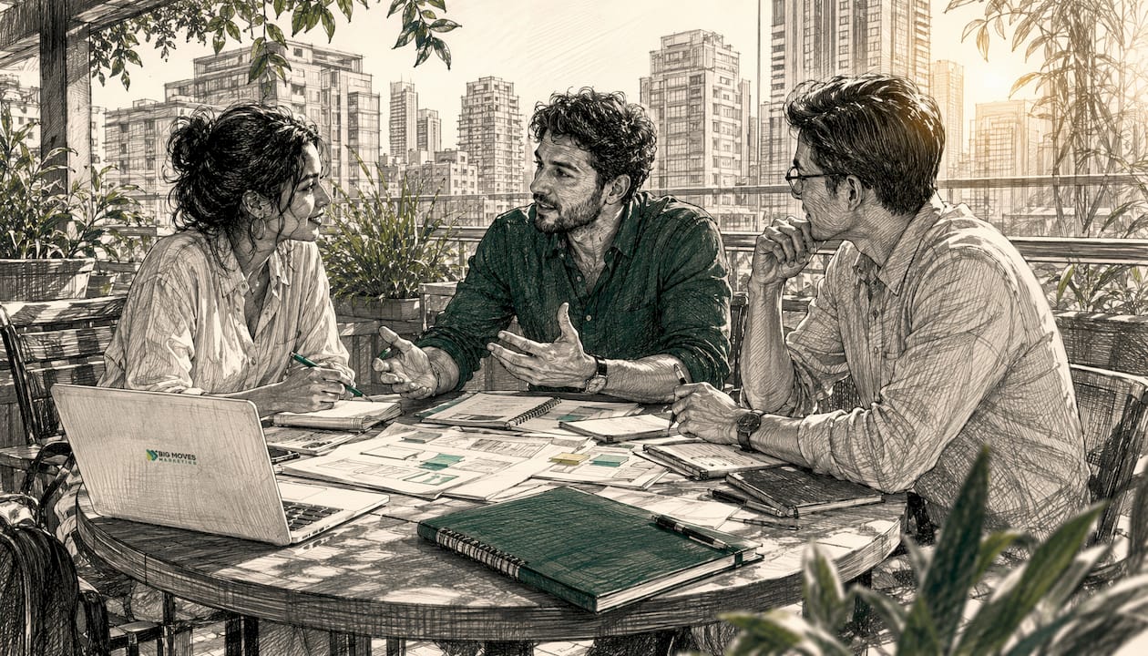 Meeting of marketing team in glass office