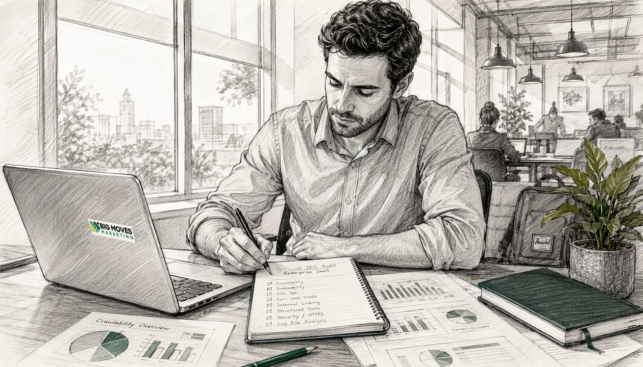 Hands taking notes during SEO audit at office desk