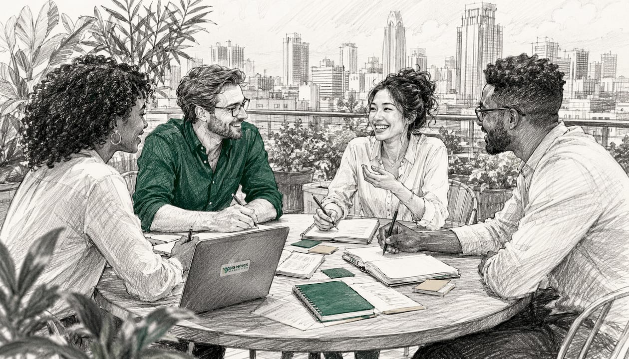 Team collaborating at marketing agency whiteboard