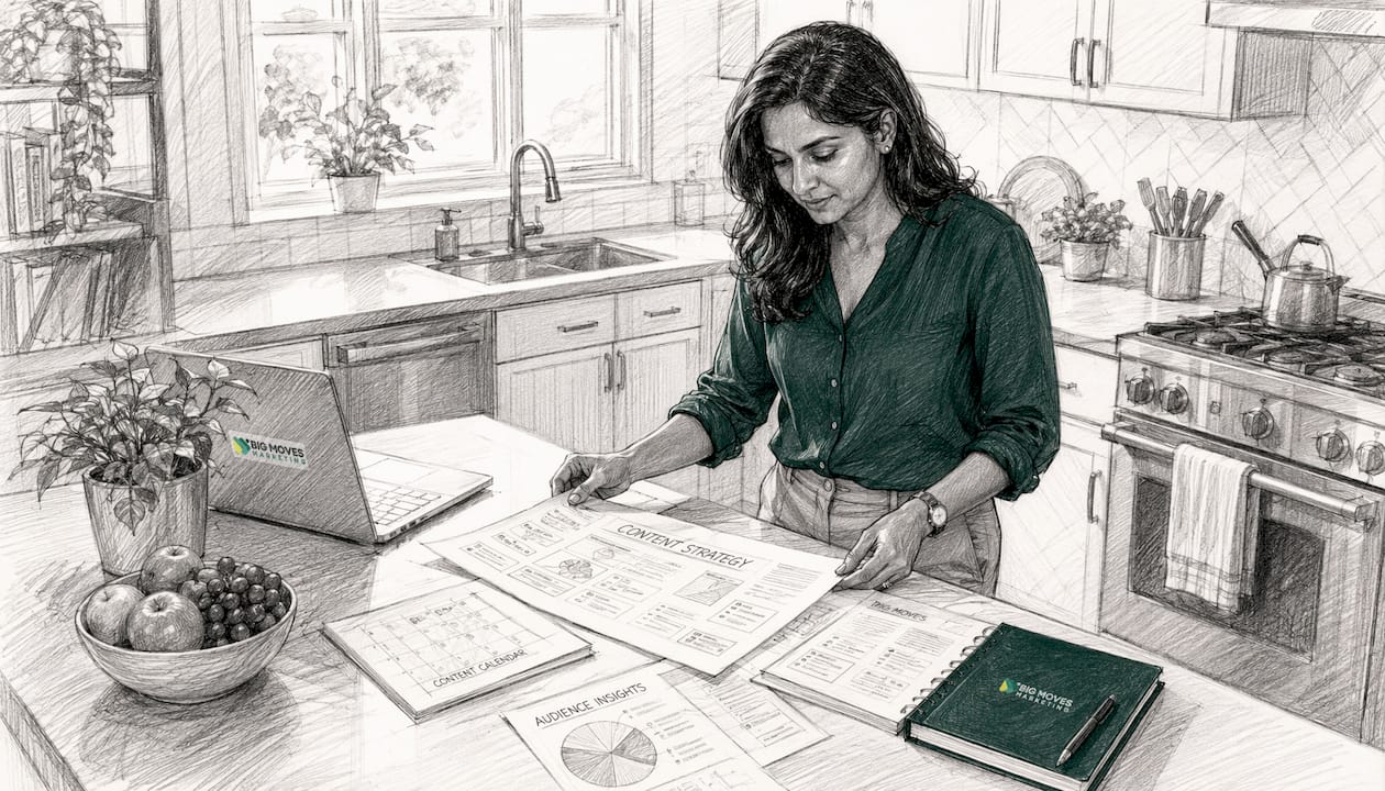 Woman reviewing content strategy documents in office
