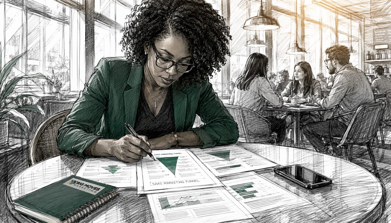 Woman analyzing SaaS marketing funnel charts