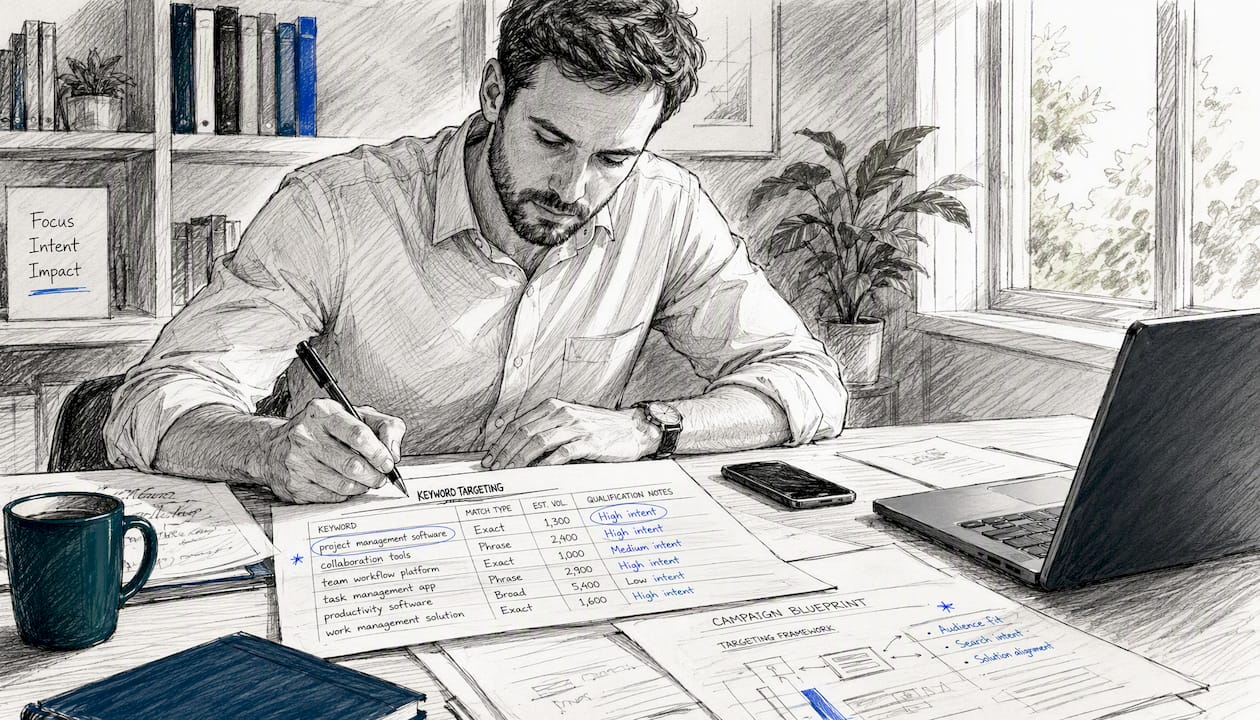 Hand adjusting paid search keywords on paper