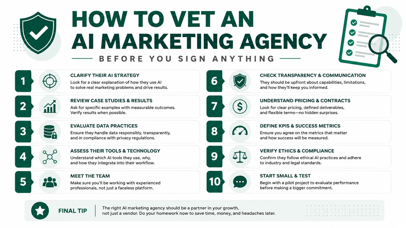 A checklist infographic titled How to Vet an AI Marketing Agency with ten numbered professional tips.