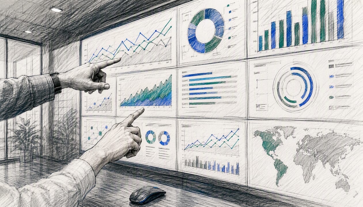 Hands gesturing at data dashboard