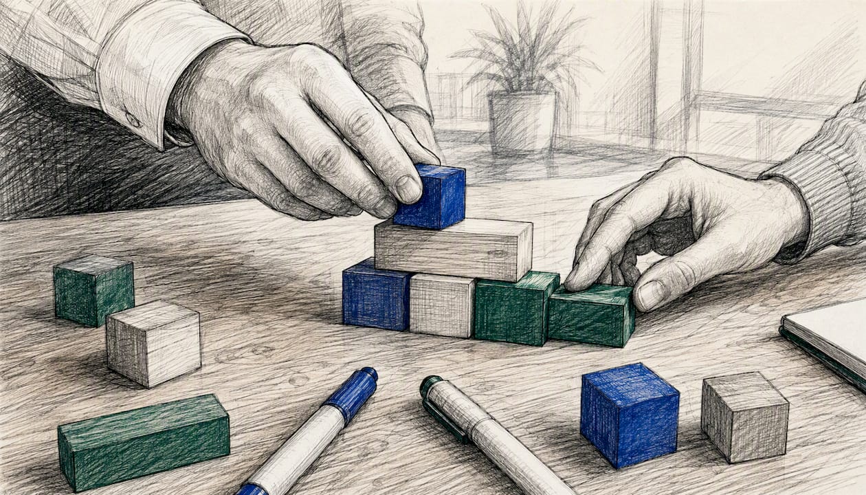 Hands assembling alignment tools on table