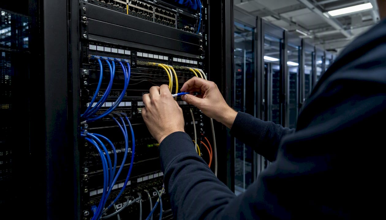 Hands connecting data cables in server room