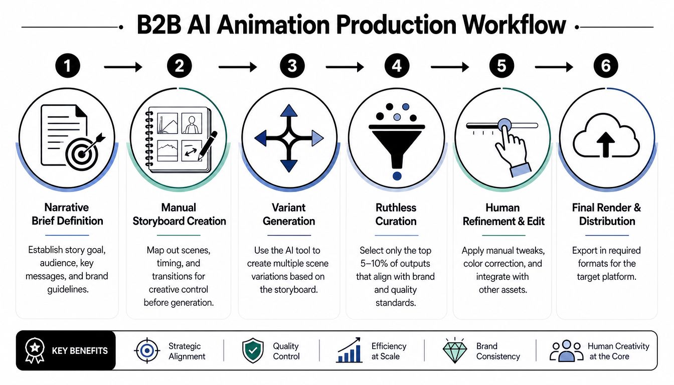 A six-step infographic workflow showing the B2B AI animation production process from brief to final distribution.