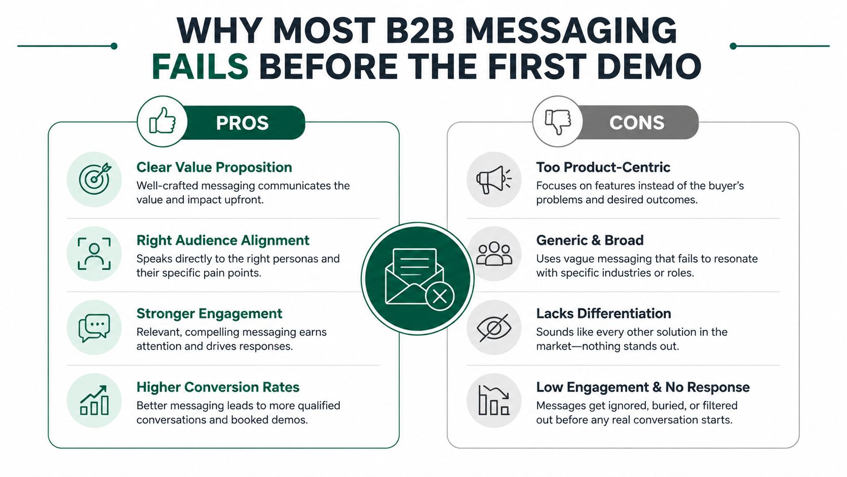A professional infographic highlighting the pros and cons of B2B messaging strategies before the first sales demo.