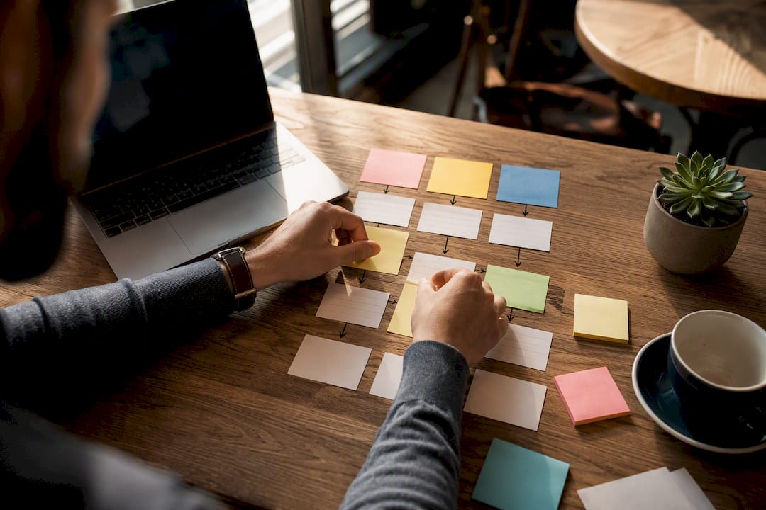 Hands arranging marketing workflow cards