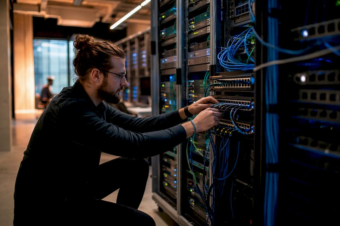 Hands wiring network cables in patch panel