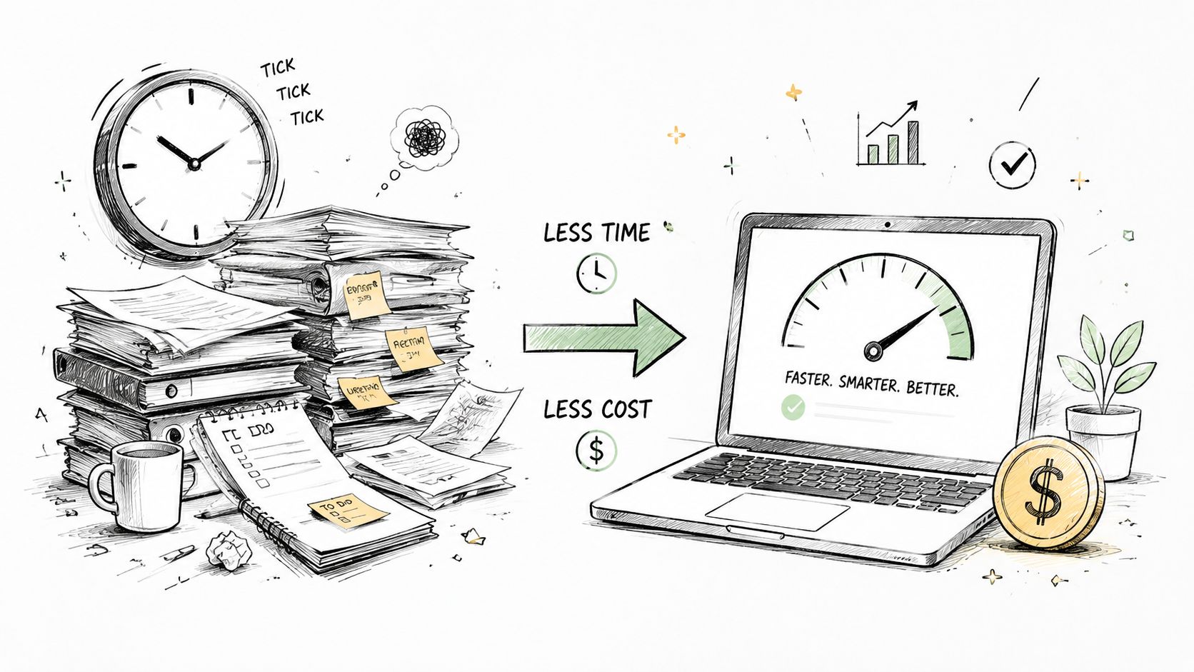 A conceptual illustration showing a transition from messy paperwork and time pressure to digital efficiency and savings.
