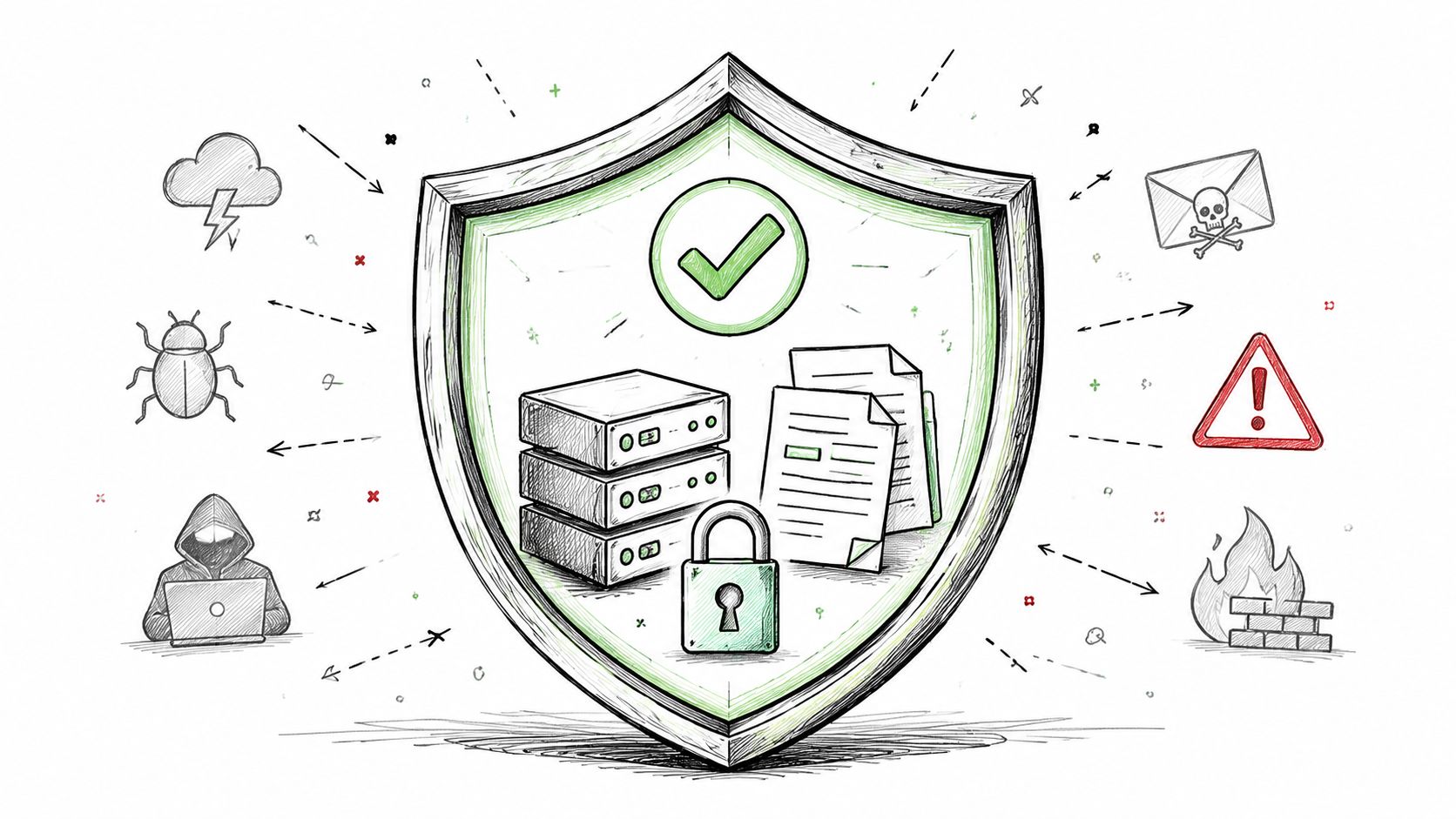 A hand-drawn shield icon protecting server hardware and documents from various digital security threats and cyber attacks.