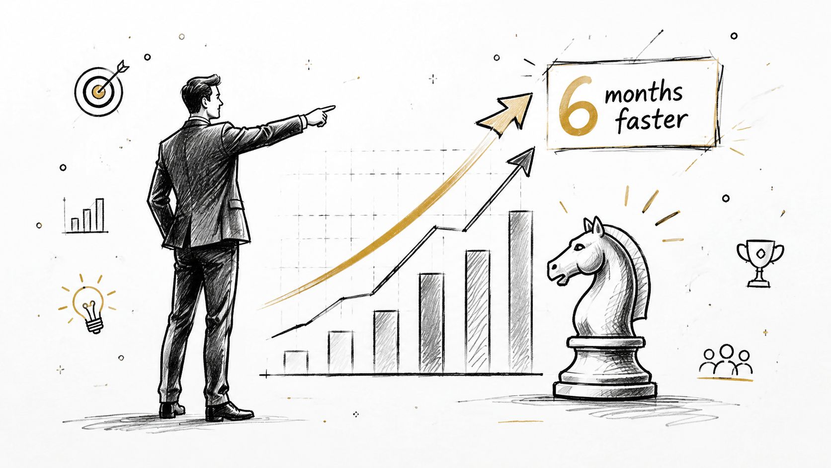 A businessman pointing at a growth chart and a knight chess piece with a six months faster label.