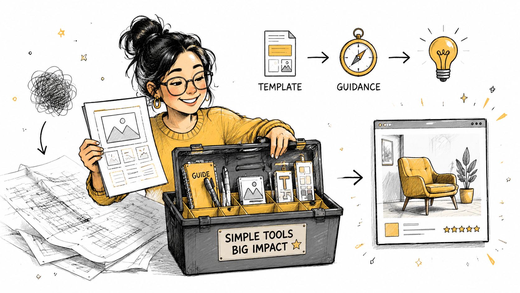 An illustrated designer uses tools, templates, and guidance to create a professional furniture product page design.
