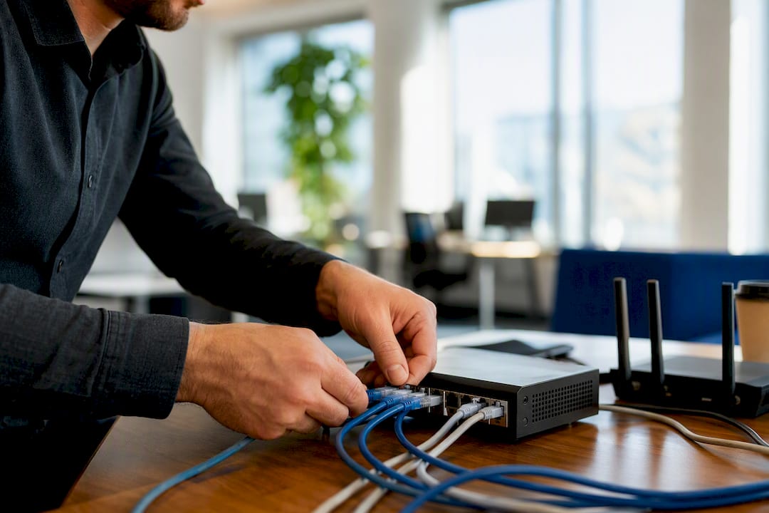 Hands wiring network cables on device