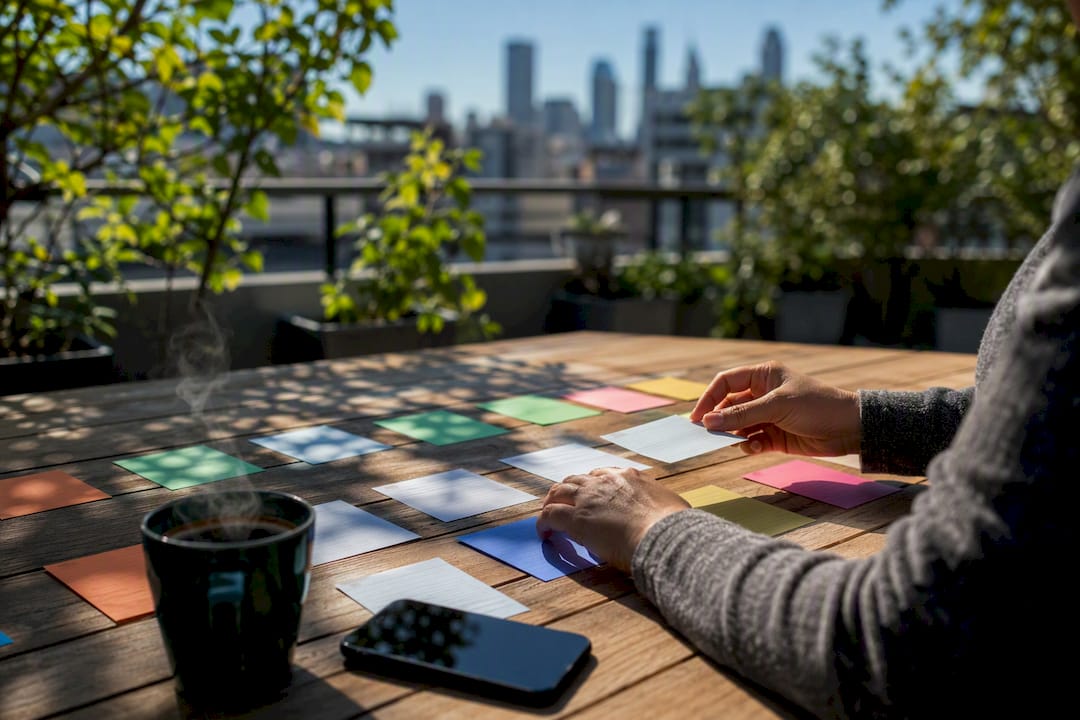 Hands arranging checklist cards on table