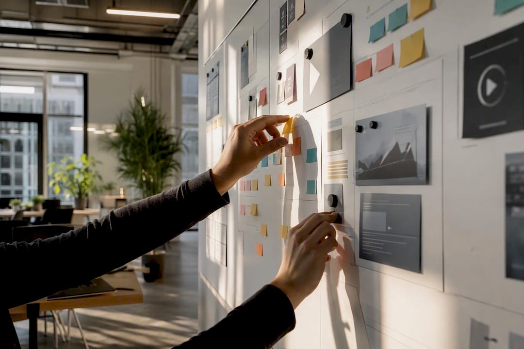 Hands arranging advertising campaign strategy markers