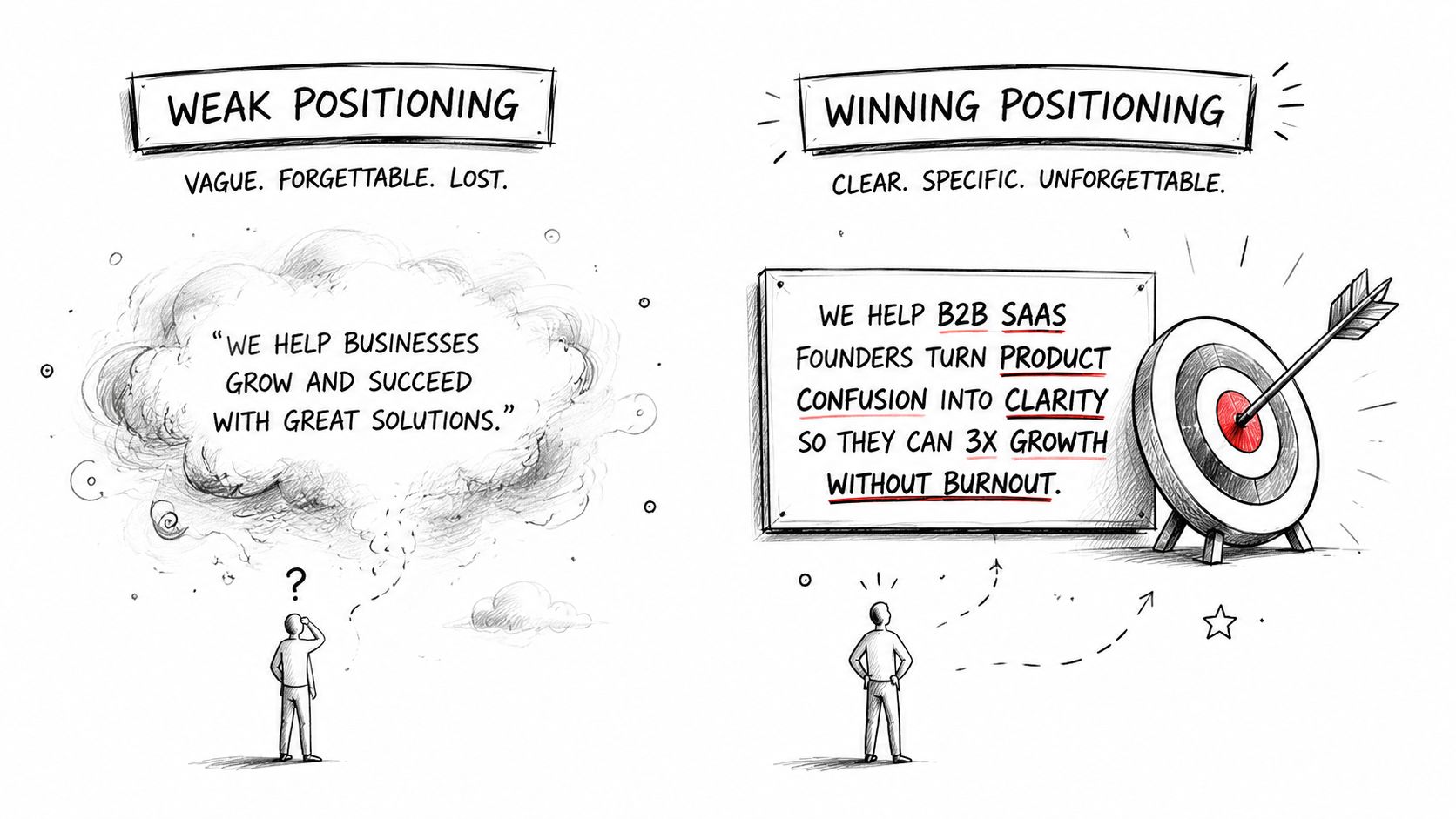 A comparison between weak business positioning as a vague cloud and winning positioning as a clear target.