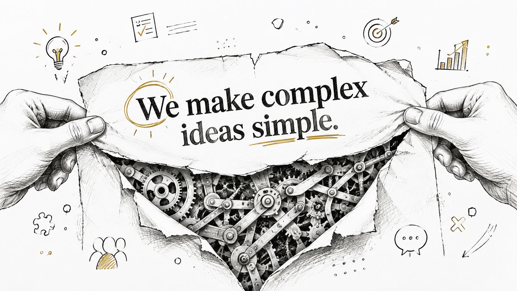Hands tearing paper to reveal intricate mechanical gears illustrating the concept of making complex ideas simple.