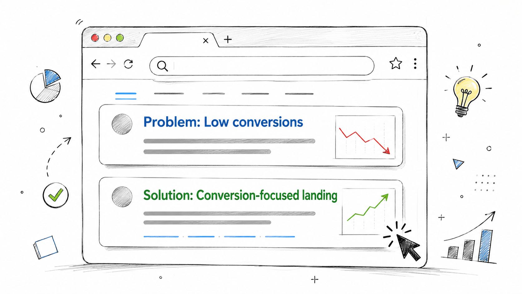 A digital illustration showing a browser window comparing a problem of low conversions with a conversion-focused solution.