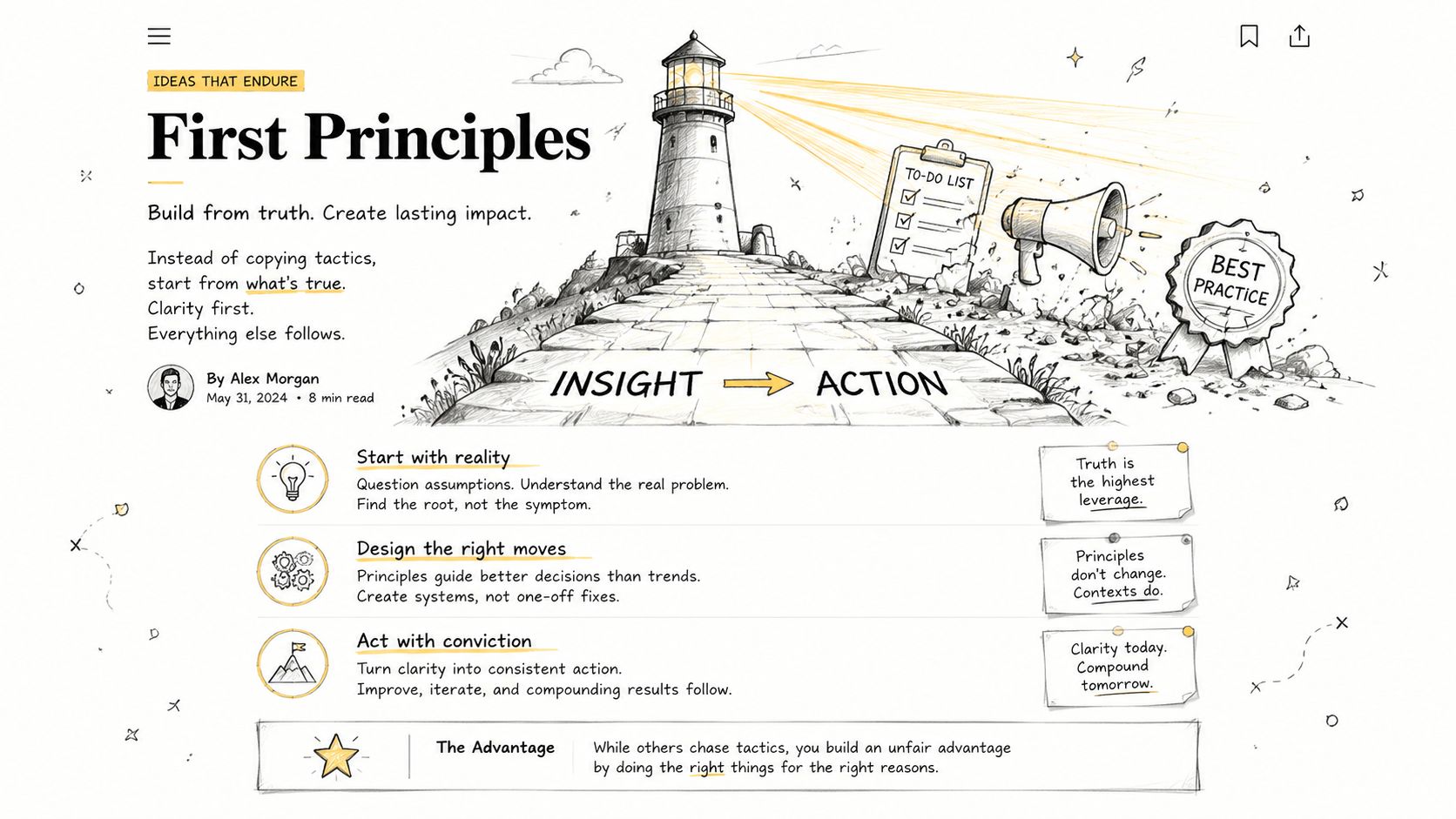 A hand-drawn illustration depicting a lighthouse shining a light on a path from insight to action.
