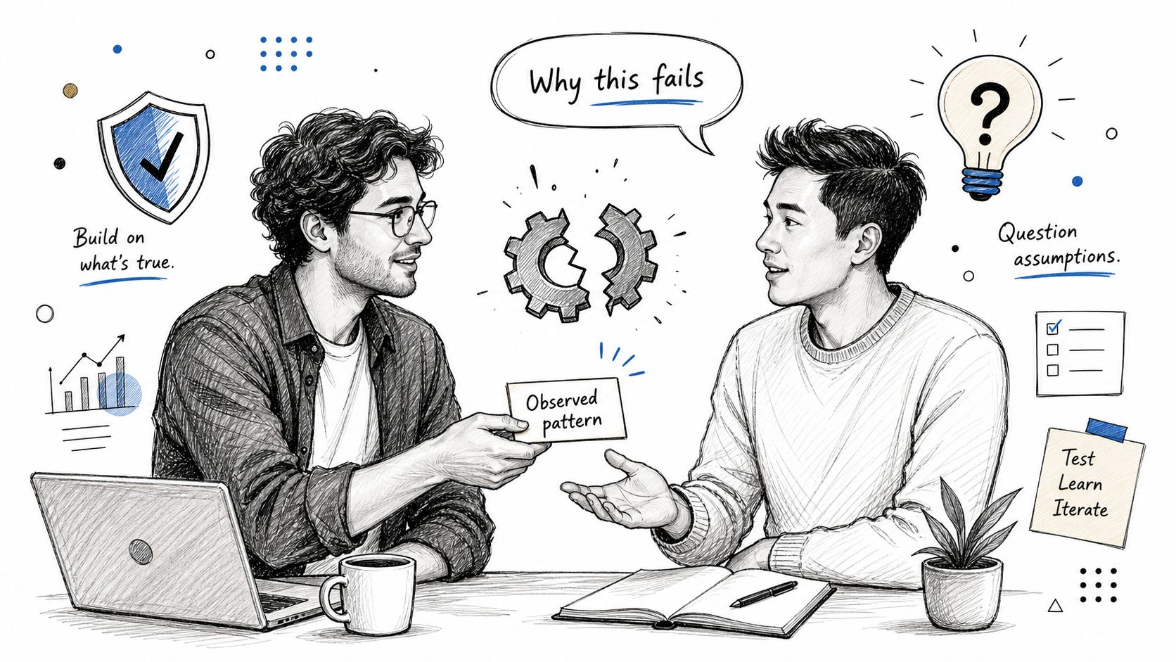 Two people working together at a desk, sketching ideas about problem solving and critical thinking processes.