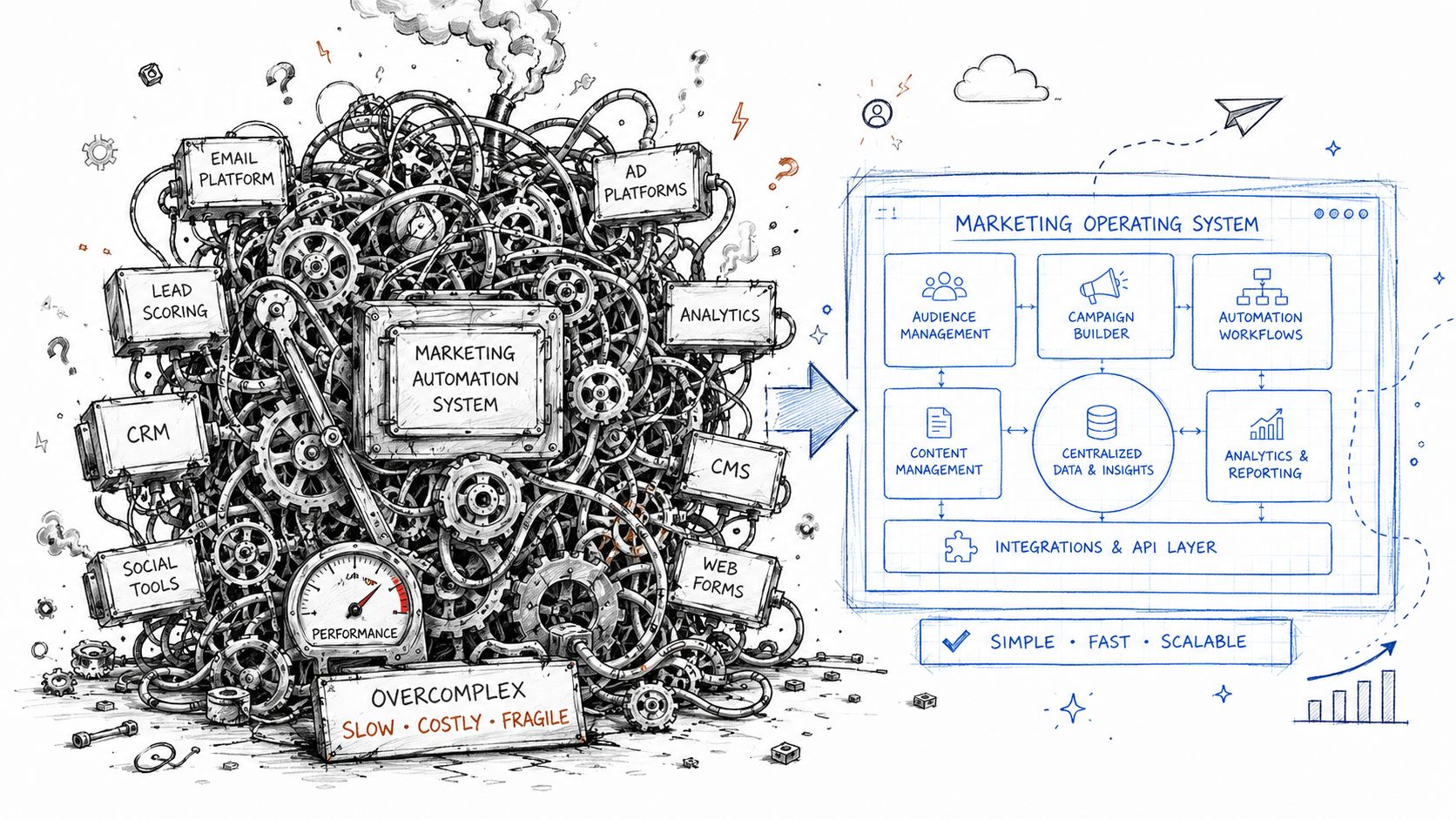 A diagram comparing a chaotic, complex marketing automation system with a streamlined, efficient marketing operating system.