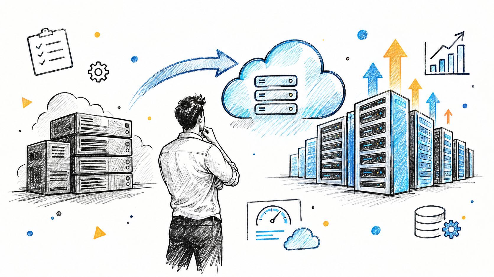 A person observing server racks and cloud computing infrastructure as part of webflow website design strategy.