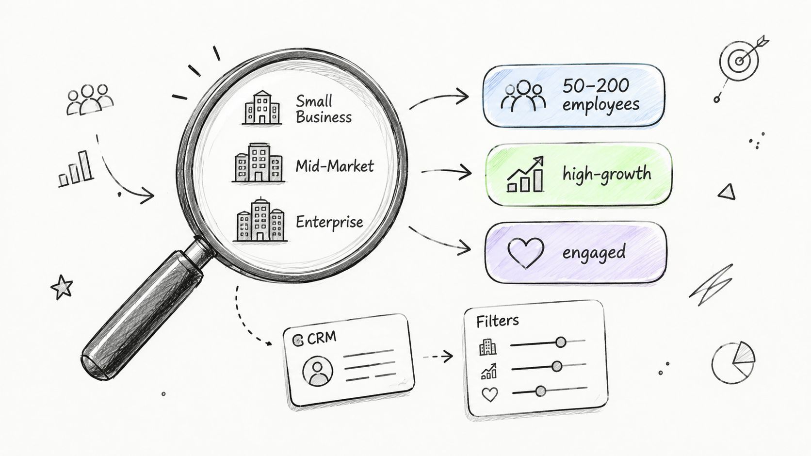 A hand-drawn illustration showing magnifying glass, business segments, employee counts, growth metrics, and CRM filtering options.
