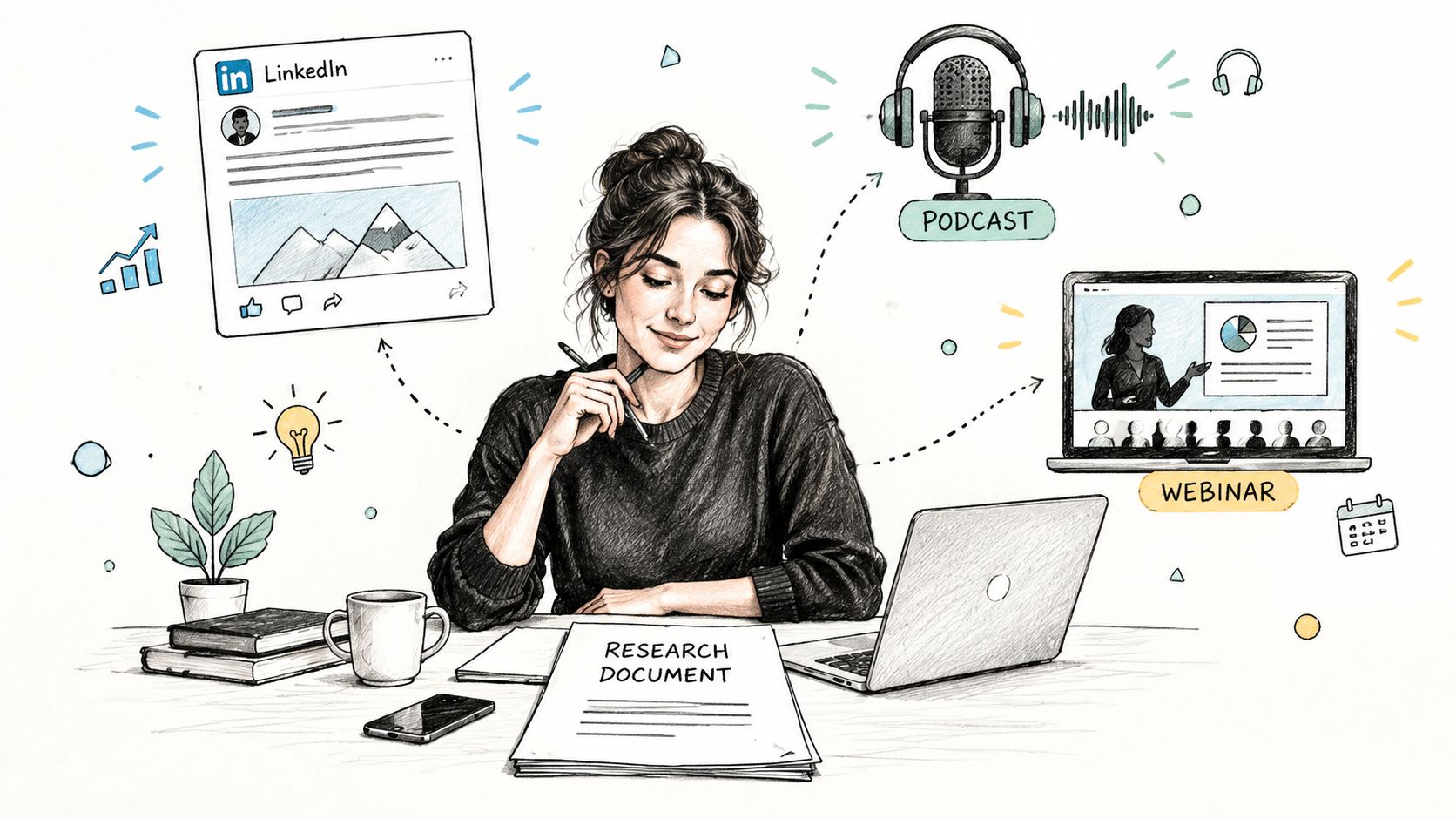 A woman working on research documentation with symbols representing LinkedIn posts, podcasts, and webinars.