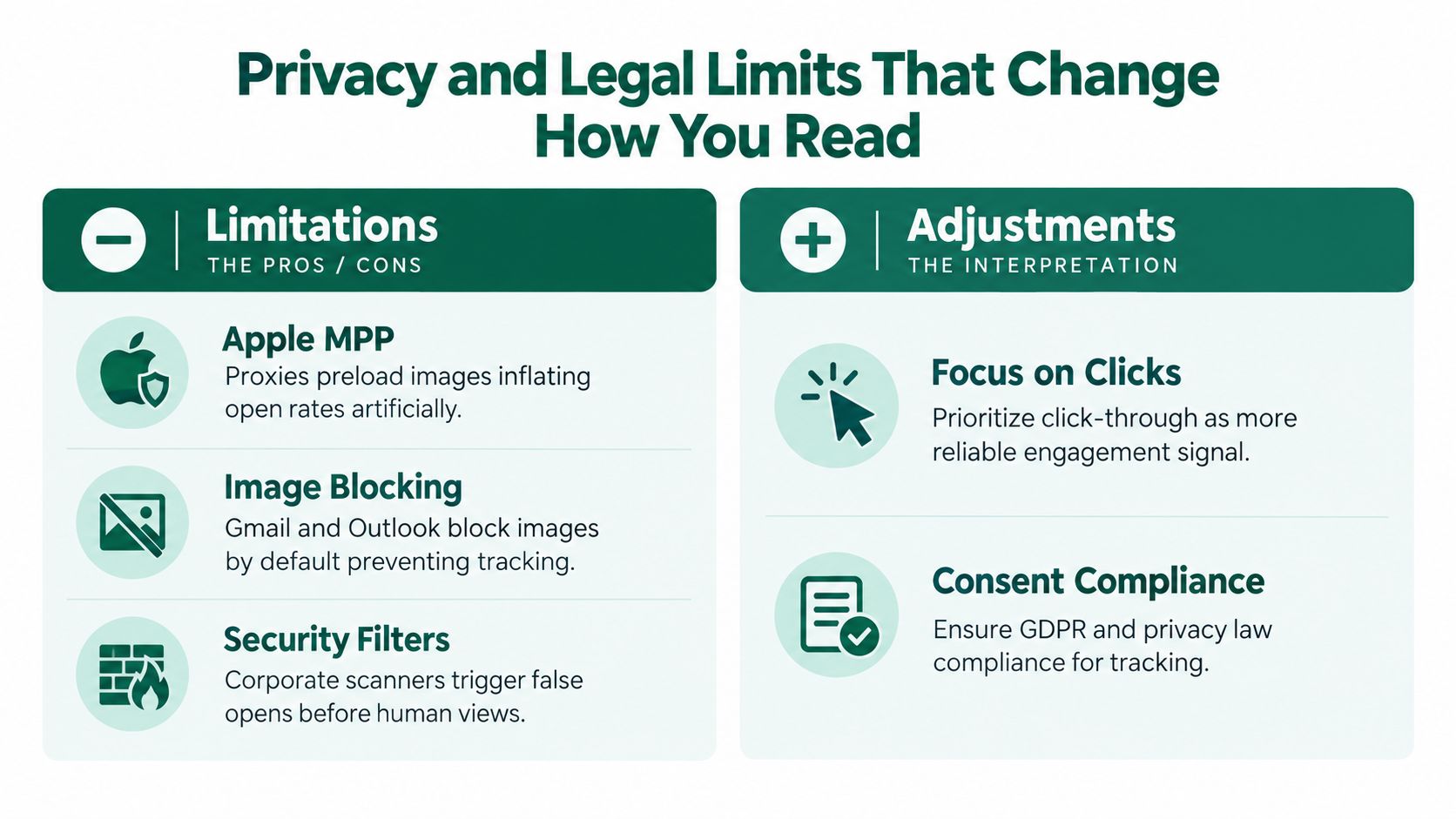 An infographic titled Privacy and Legal Limits That Change How You Read, illustrating email tracking challenges and solutions.