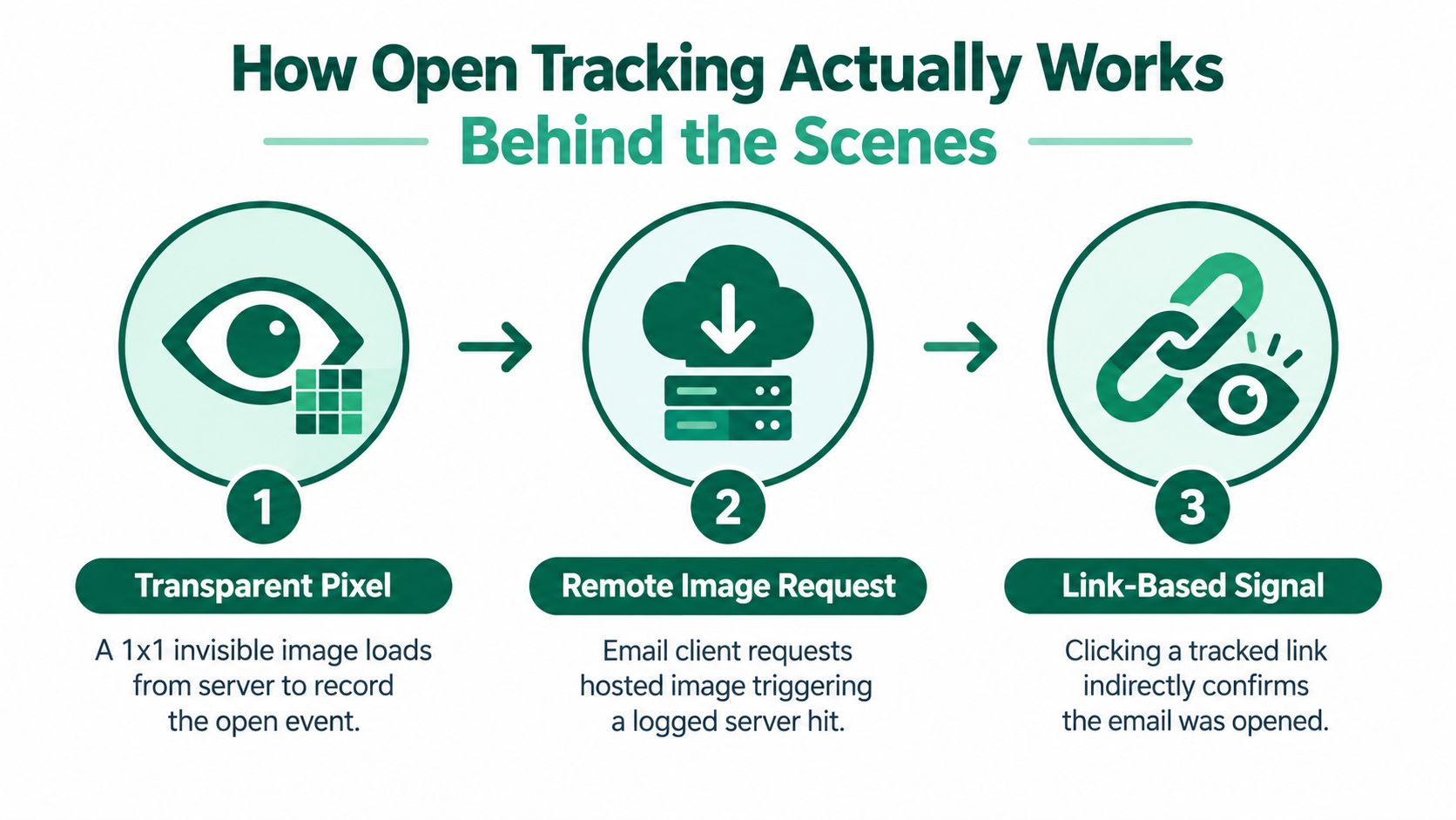 A three-step infographic illustrating how email tracking pixels work via transparent images and link signals.