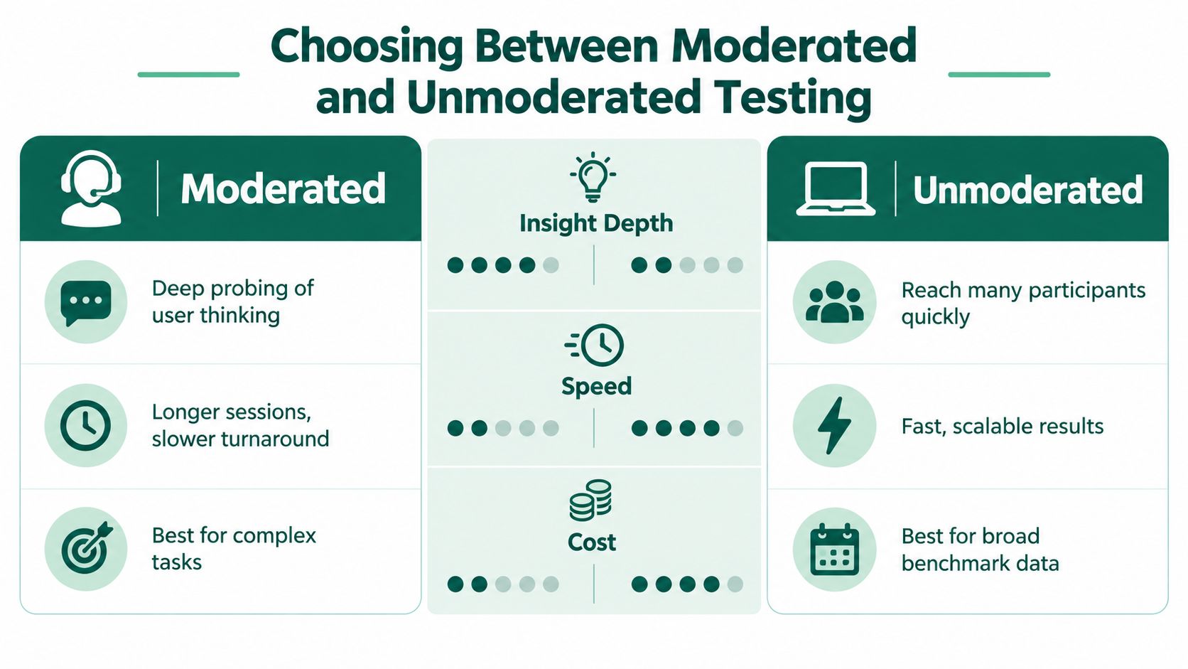A comparison chart outlining the differences between moderated and unmoderated user testing methods regarding insight depth, speed, and cost.