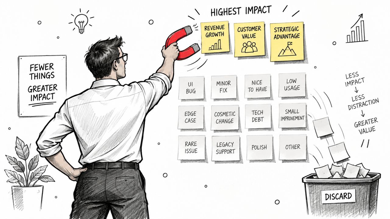 A professional choosing high-impact business tasks with a magnet while discarding low-impact items into a bin.