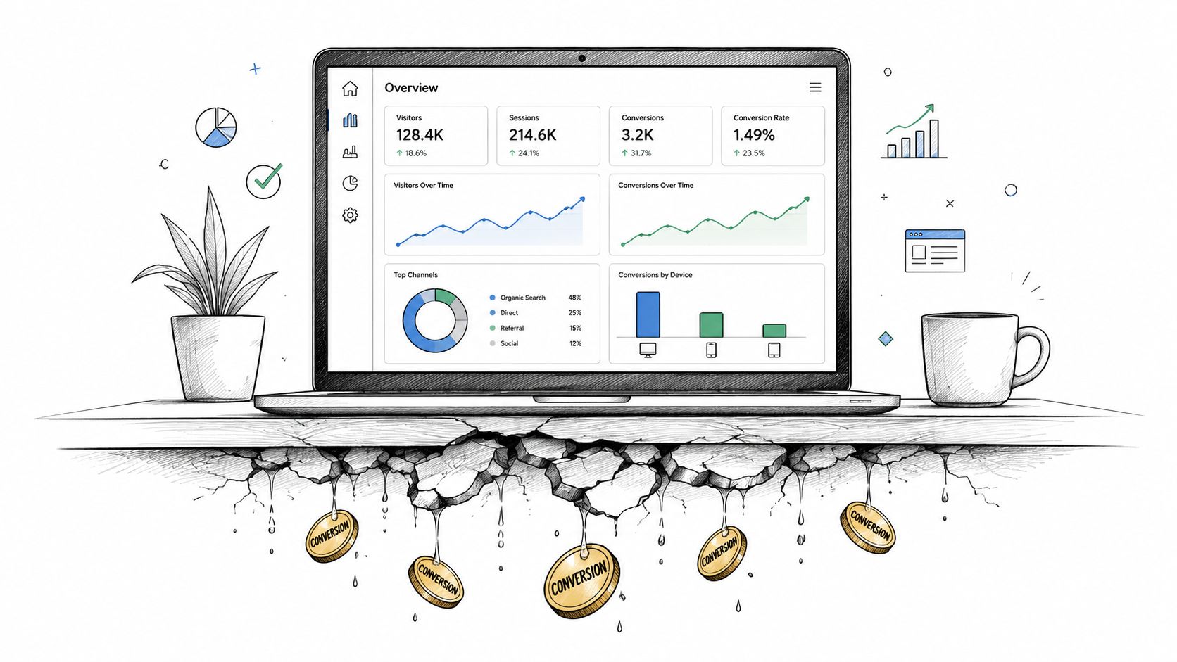 A hand-drawn illustration showing a laptop displaying data analytics dashboard on a table with leaking conversion coins.