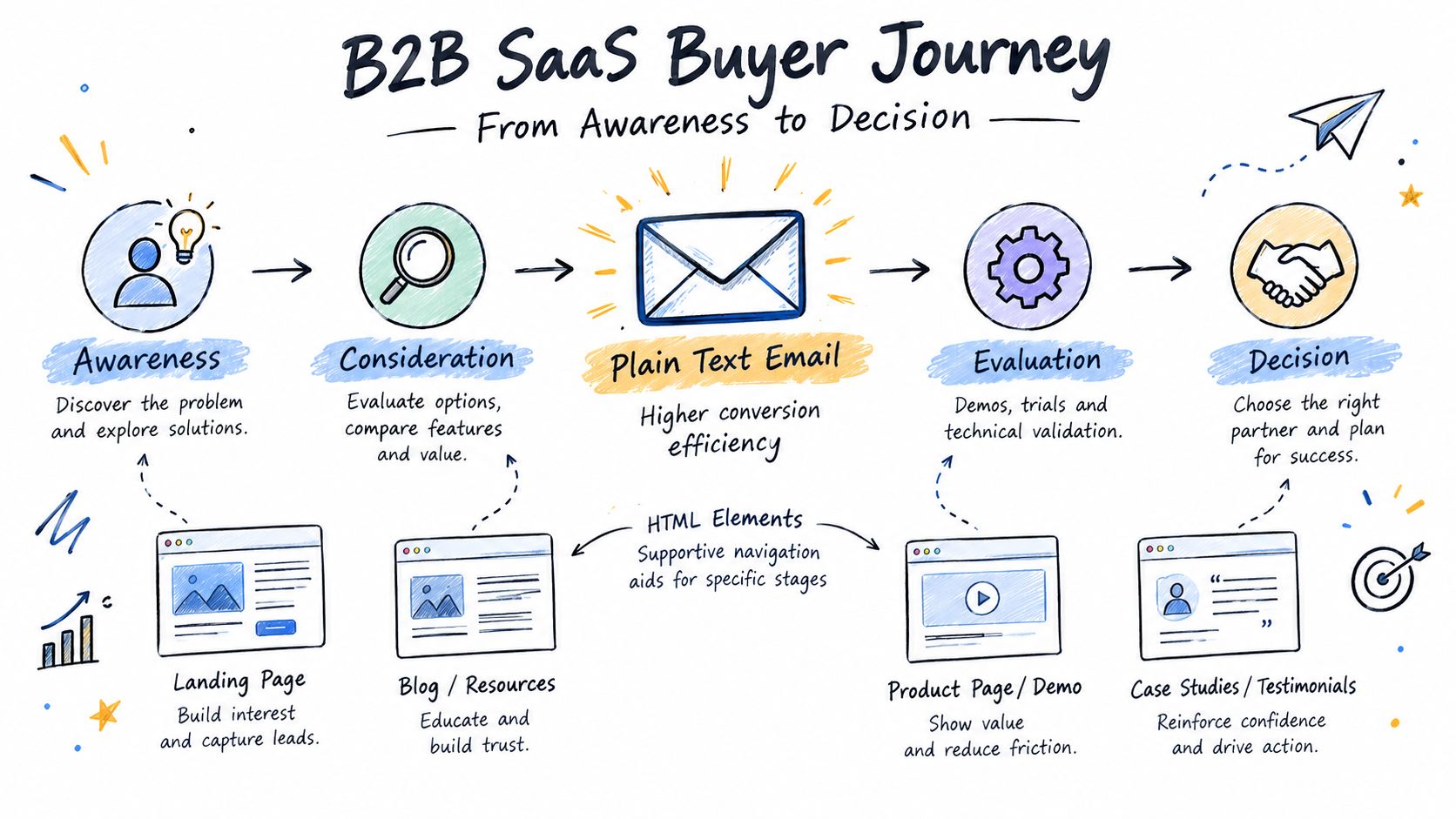 A diagram illustrating the B2B SaaS buyer journey from awareness to decision using email and content.