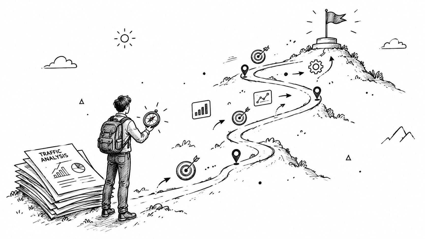 A hiker holding a compass stands before a path leading to a goal, representing traffic analysis strategy.