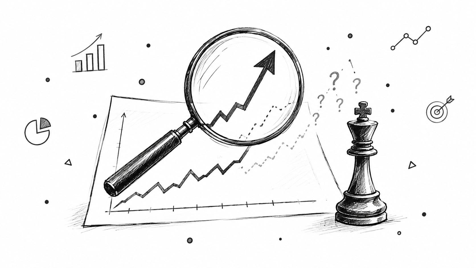 A hand-drawn sketch illustration showing a magnifying glass over a rising graph alongside a chess piece.