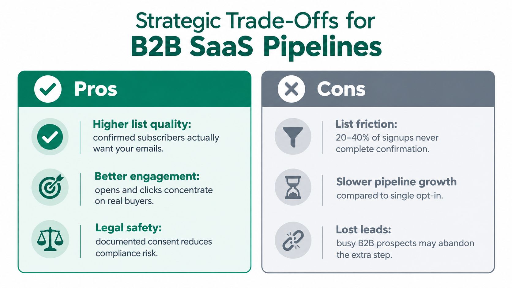 A chart showing the pros and cons of double opt-in strategies for B2B SaaS email pipelines.