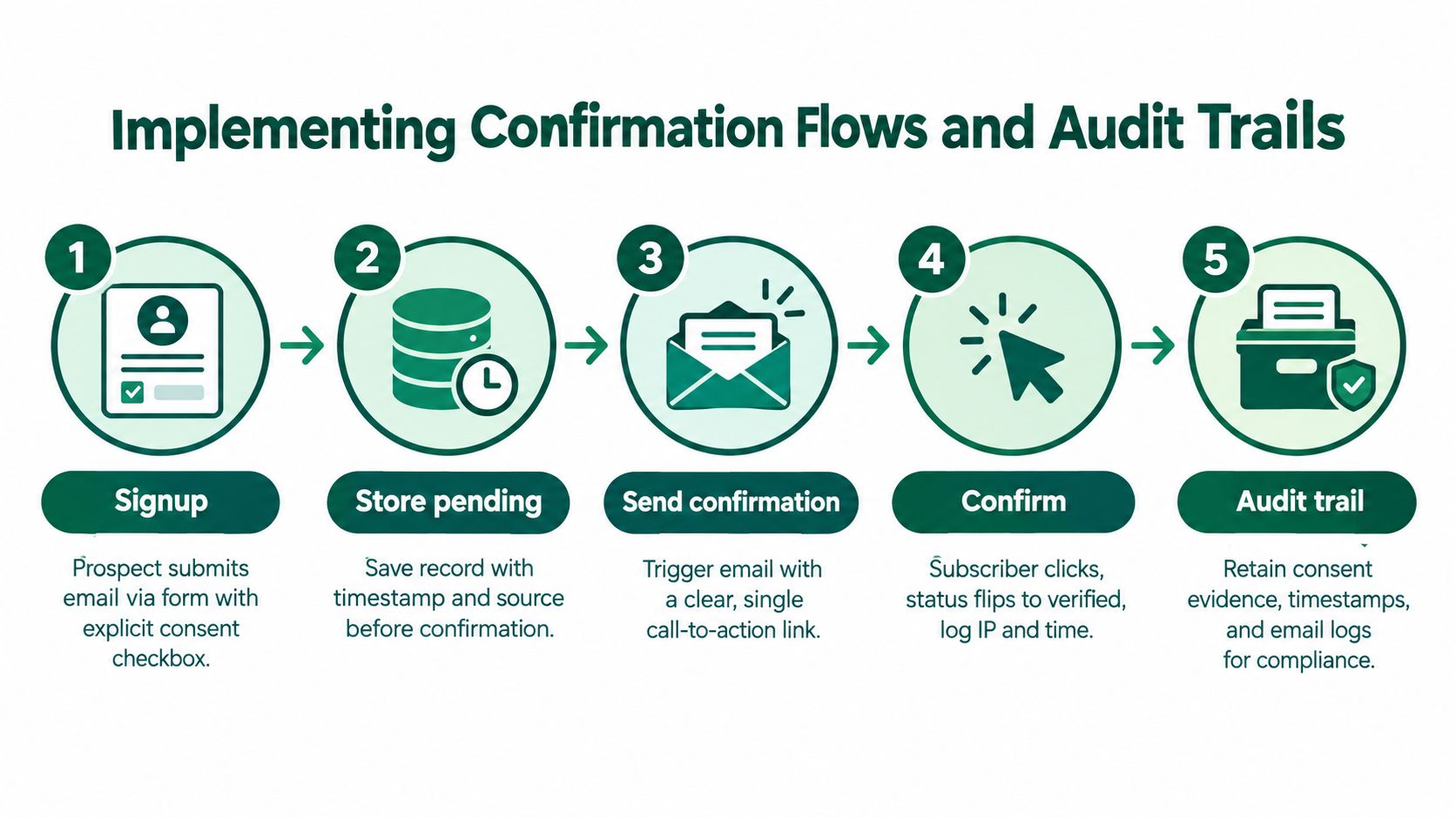 A five-step diagram illustrating the double opt-in confirmation process for email marketing and compliance.