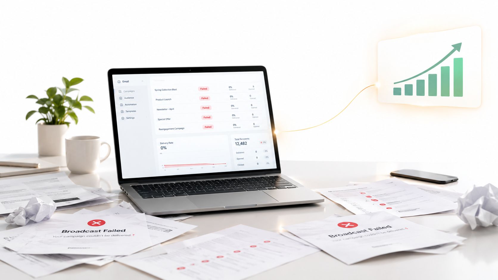 A laptop displays email marketing analytics showing failed campaigns, surrounded by scattered papers and failed notification printouts.