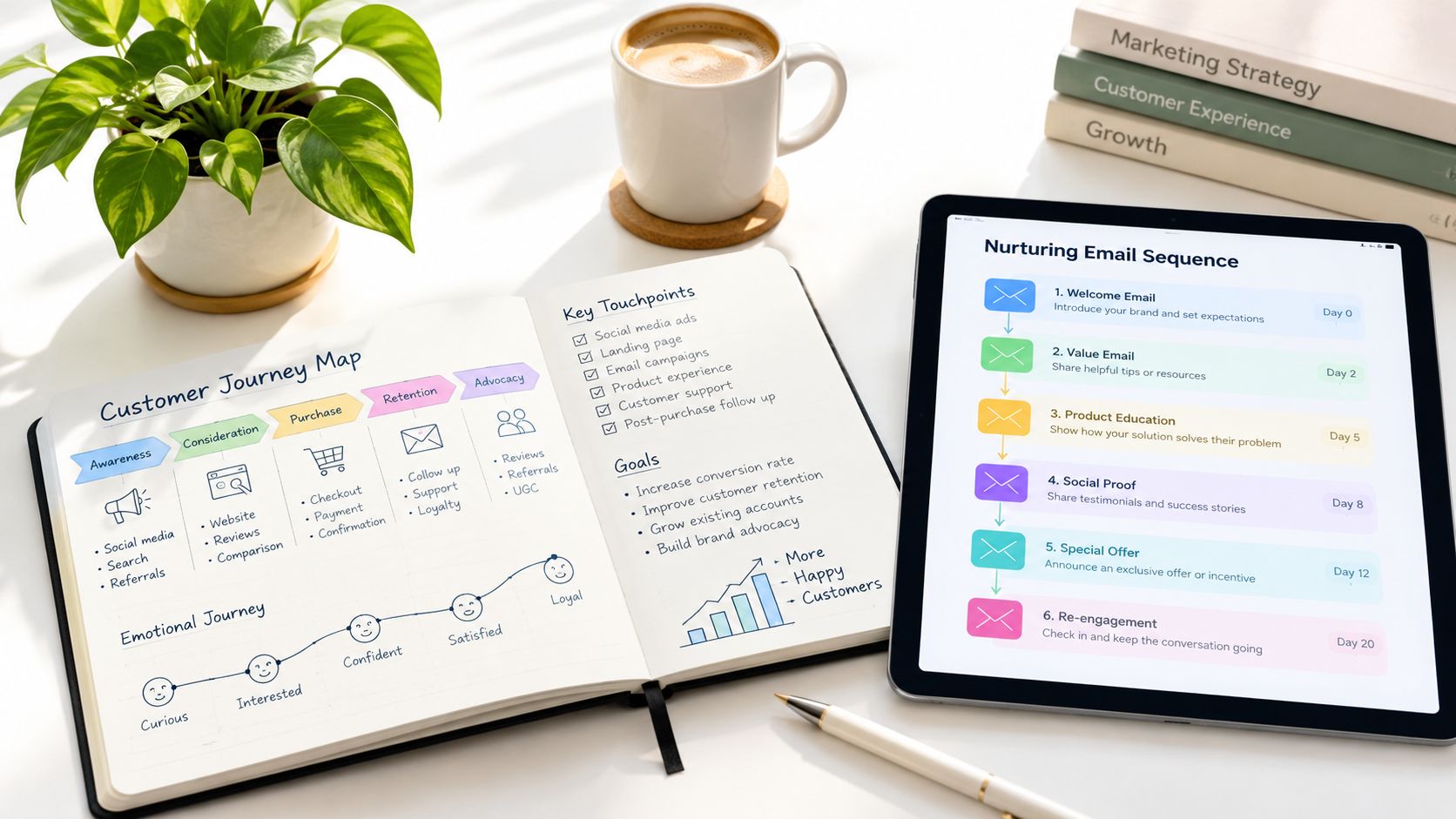 A professional desk with an open notebook showing a customer journey map and a digital tablet display.
