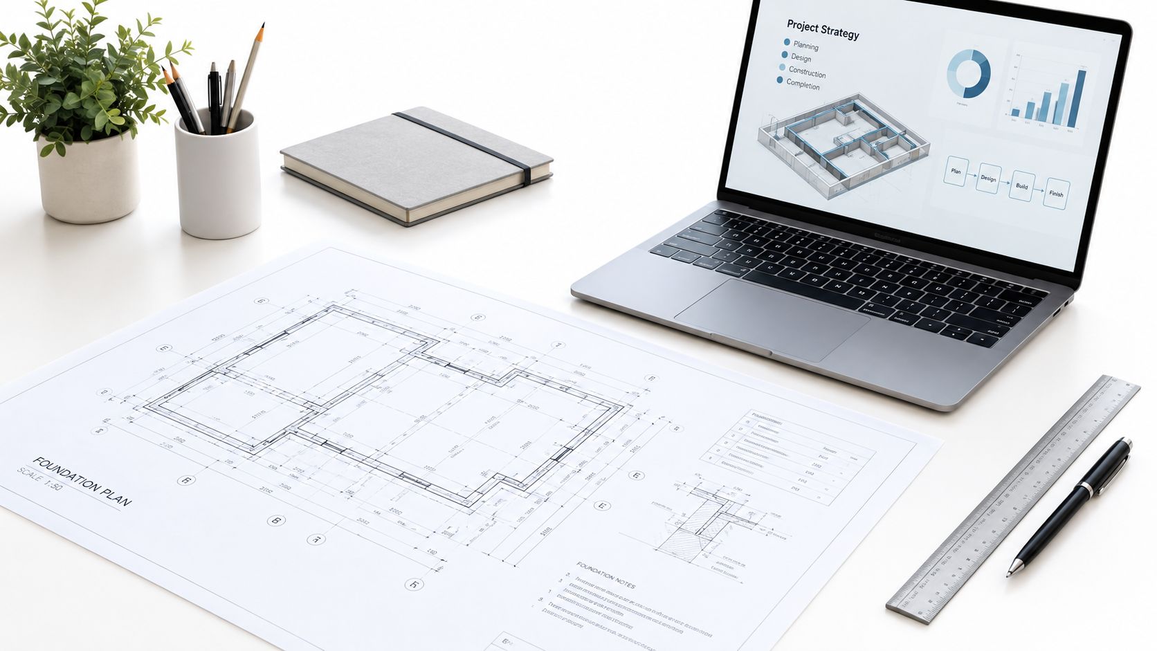 A modern workspace with a blueprint foundation plan, a laptop displaying project strategy, and office supplies.