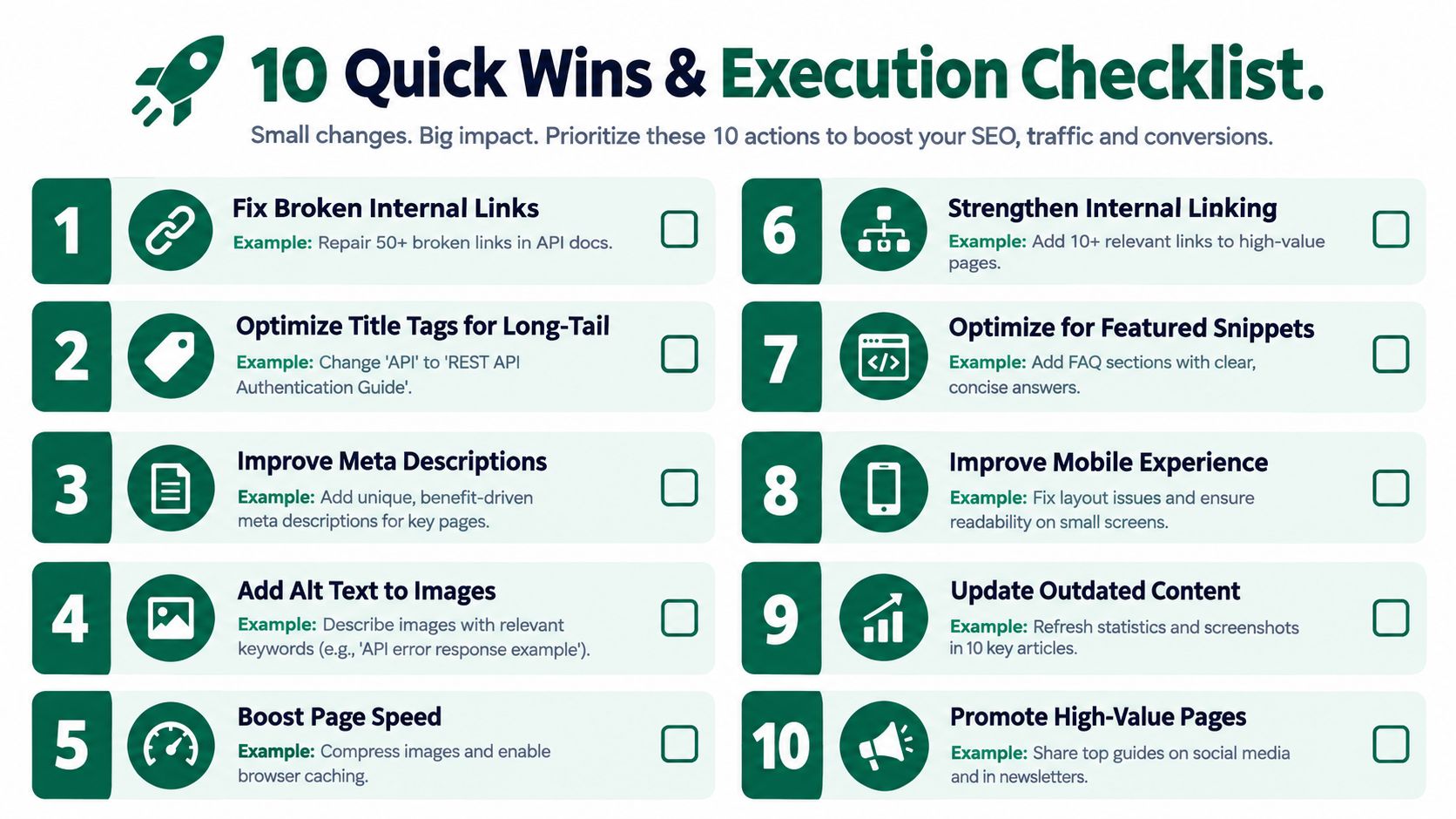 An infographic checklist with ten actionable SEO tips and quick wins for boosting website traffic and conversions.