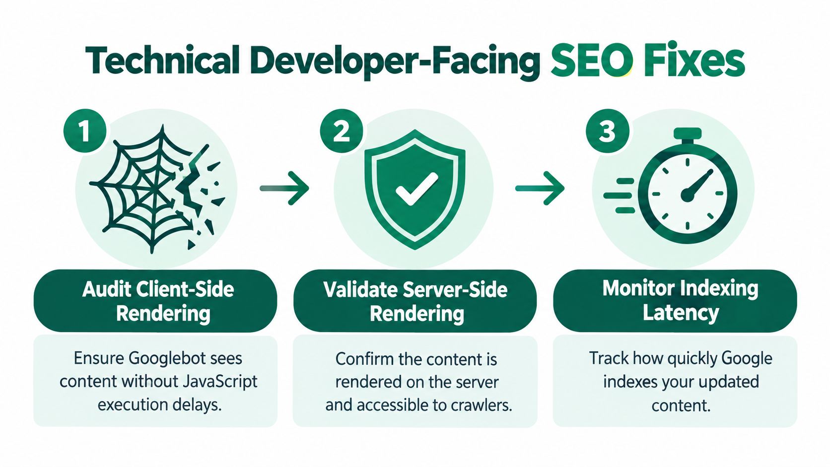 A three-step infographic explaining essential technical SEO fixes for developers regarding content rendering and indexing latency.