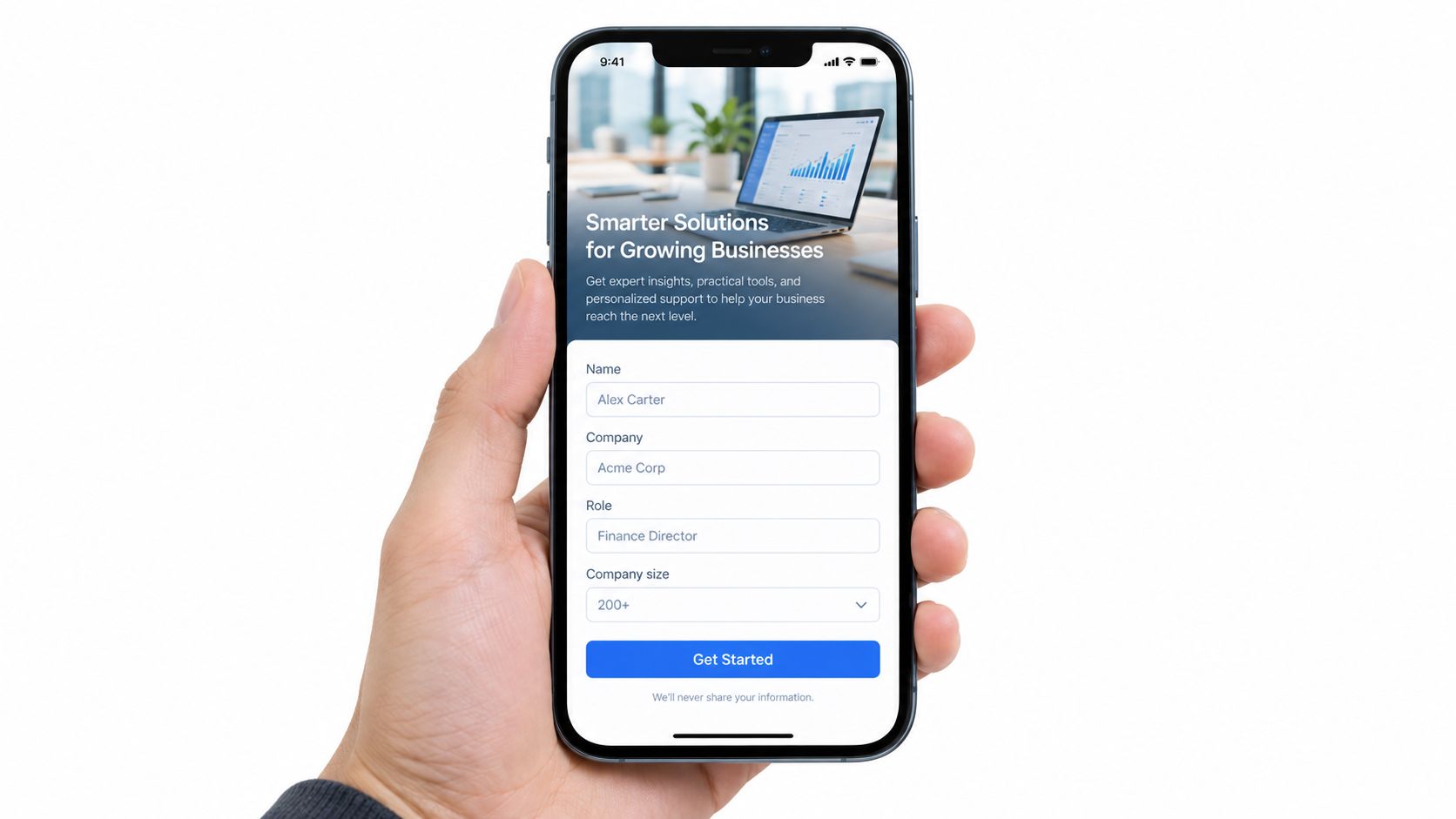 A hand holding a smartphone displaying a business form for a digital marketing lead generation campaign.