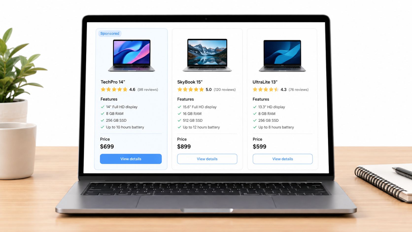 A digital screen displaying a website comparing three laptop models with features, ratings, and pricing information.