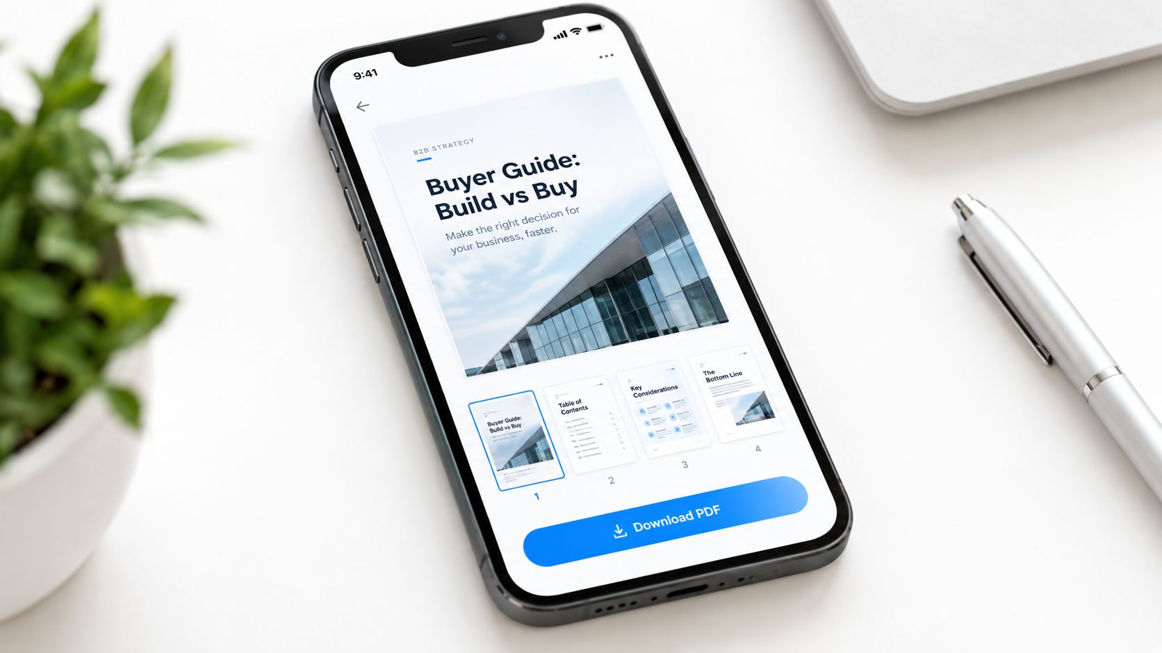 A smartphone screen displaying a B2B strategy buyer guide for a build versus buy business decision.