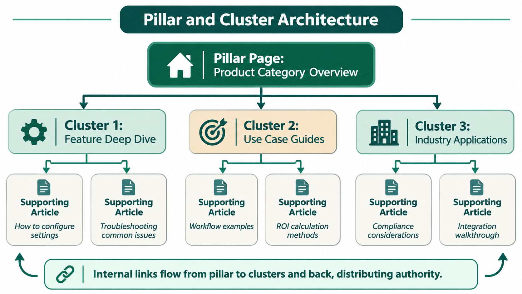 A diagram illustrating a pillar and cluster architecture model for organizing website content strategy and internal linking.