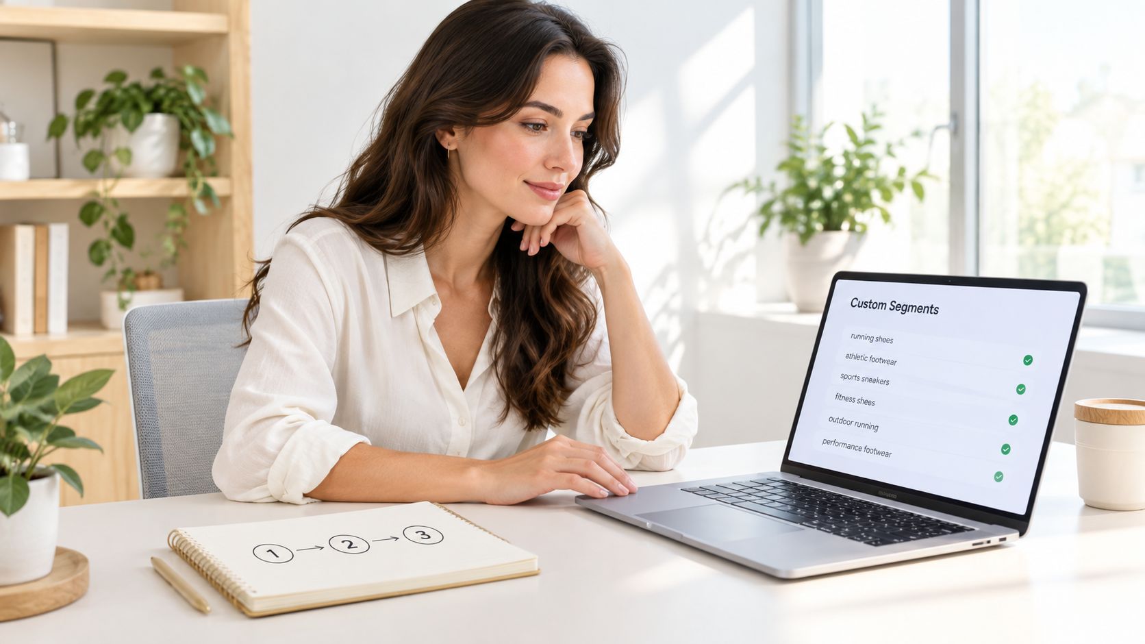 A woman working on a laptop displaying custom advertising segments next to a notepad showing a sequence.